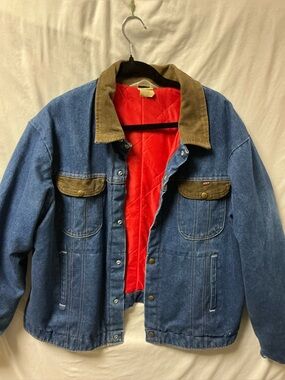 Vintage Men's Denim Bomber Jacket with Corduroy Collar - Blue with Red Lining